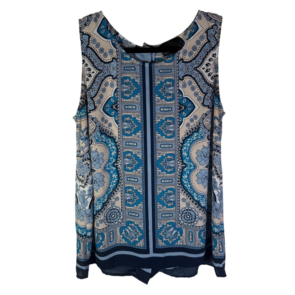 Cynthia Rowley Blue Paisley Scarf Print Sleeveless Button Back Blouse XL